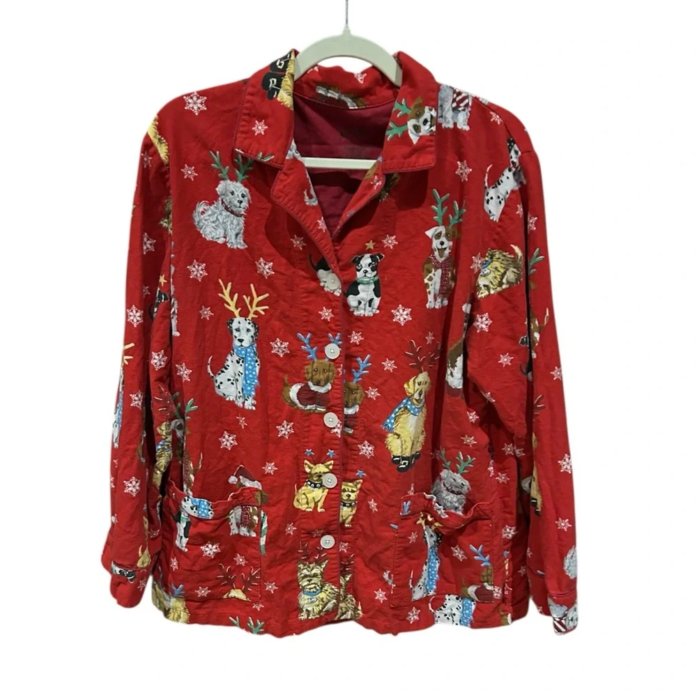 NICK & NORA VINTAGE Reindeer Dog Red Pajama‎ Top Cotton Flannel L